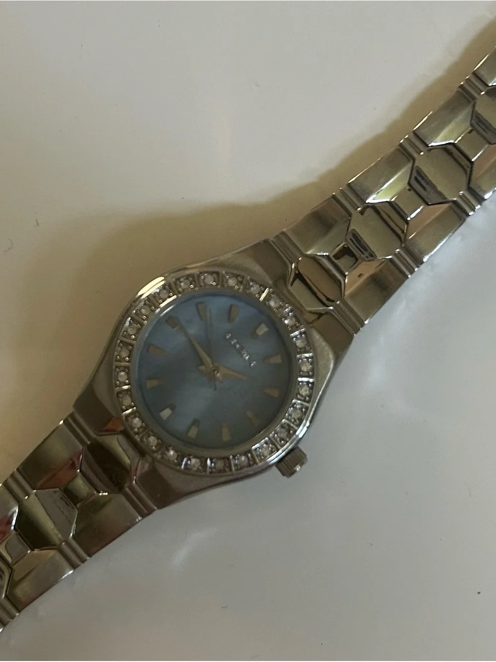 Elgin Stainless Steel Watch with Blue Dial and Crystal Bezel